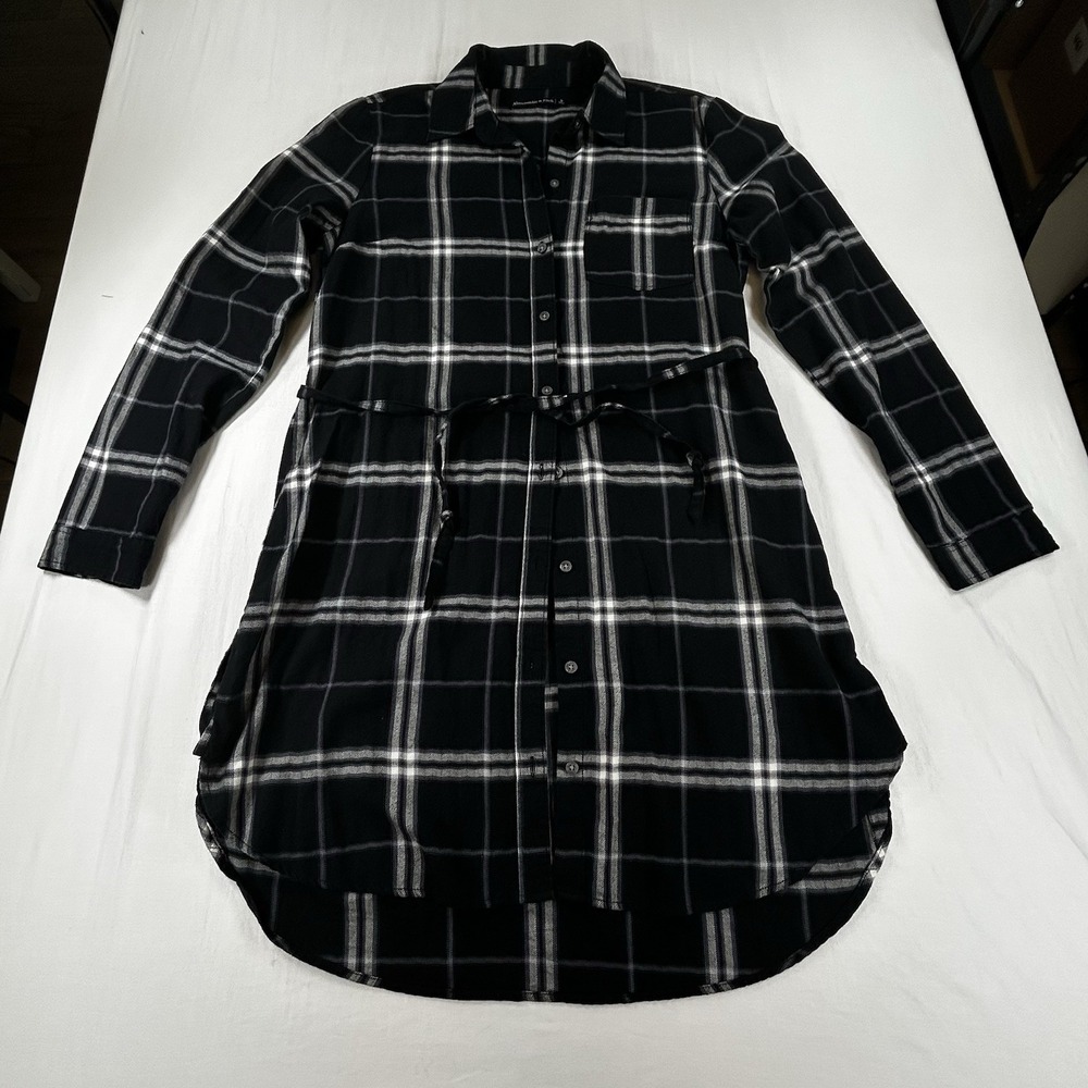 Abercrombie & Fitch Plaid Flannel Shirt Dress Button Down Drawstring Size S